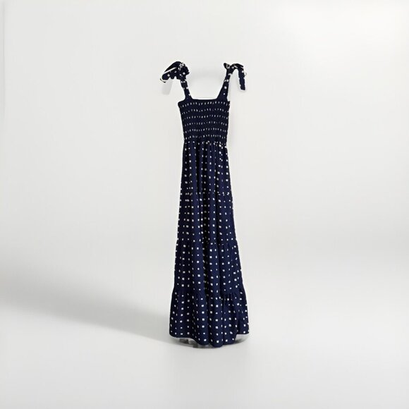 Womens Summer Maxi Dress Smocked Polka Dot Long Boho Beach Sun Dress Small - Picture 4 of 9
